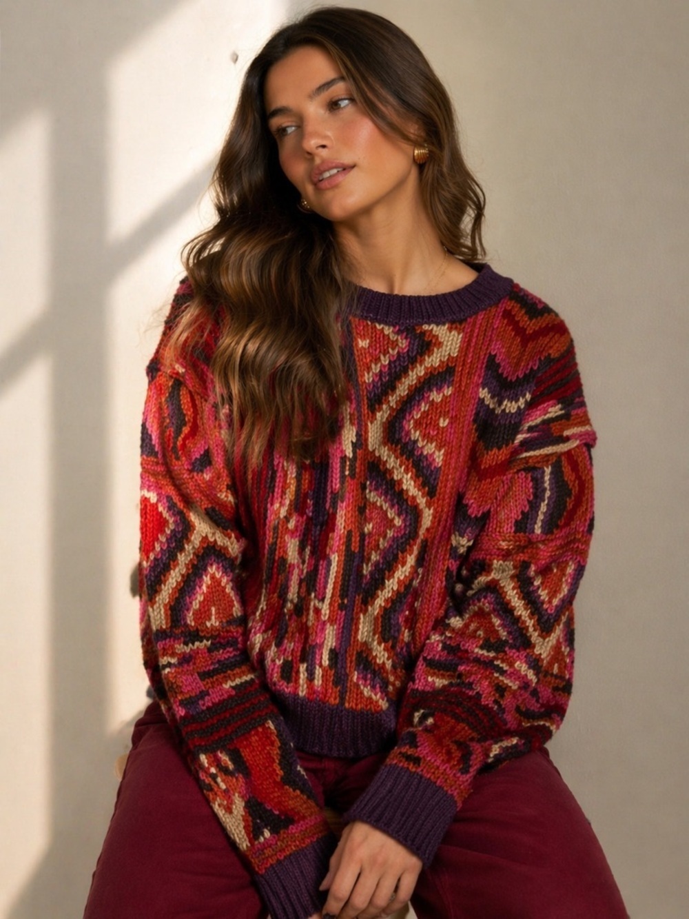 Farm Rio Patchwork Knit Sweater XS Red Pink Chunky Cozy Pullover